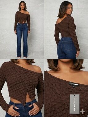 Fashion Nova Chocolate Brown Off-Shoulder Twist-Front Cropped Sweater